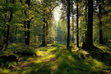 Fototapeta premium Sunlight streams through a lush forest path
