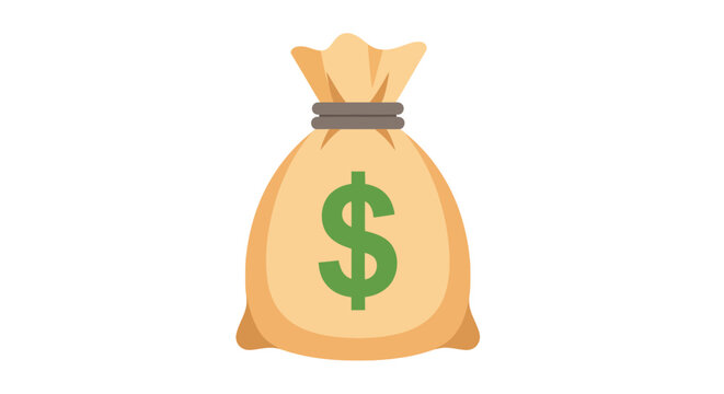 Cartoon money bag with green dollar sign, a symbol of wealth and savings. Financial concept illustration in flat design style, isolated on a white background.