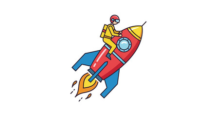 Fototapeta premium Astronaut riding a red rocket spaceship with flames escaping from the bottom, symbolizing growth and achievement
