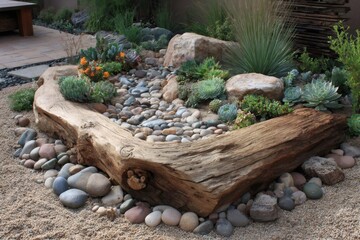 Weathered wooden log bordering raised succulent garden, featuring decorative pebbles and stones in rustic landscape setting