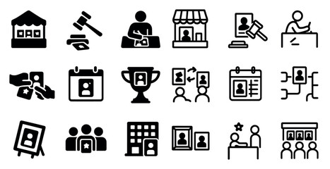 Voting and election outline icons set – solid, filled, ballot and voter symbols