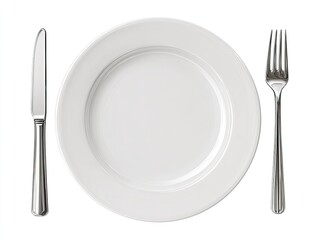 Empty white plate with knife and fork