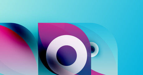 Abstract shapes overlap, creating vibrant color gradients. Blue dominates background, pink and purple accents present. Modern design elements visible.