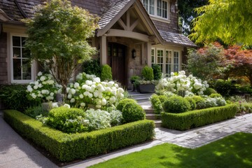 Obraz premium Manicured garden featuring pristine white hydrangea blossoms and geometric boxwood borders framing elegant residential exterior