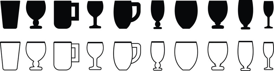 Drinkware icon set, glass cup mug wine goblet beer collection in flat and line style, black silhouette group, bar utensil bundle, beverage container pack, drink synonym vector