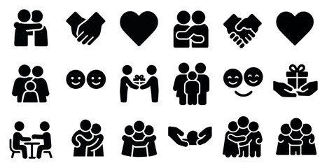 Social connection silhouette icons set – communication, solidarity, unity symbols