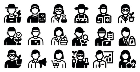 Agriculture and biology solid icons set – filled, farming, scientific symbols