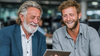 Two business colleagues, one older and one younger, are smiling and looking at a tablet.  Friendly, collaborative, modern office setting