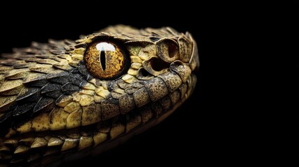 Fototapeta premium Close-up venomous snake head, profile view, dark background, wildlife