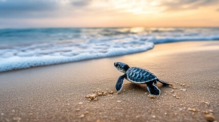 Cute sea turtle swimming in clear blue sea water (for marine biology popularization, nature - themed design, environmental protection promotion, etc.)