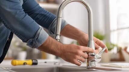Plumber fixing modern kitchen faucet with tools on counter, concept of repair, maintenance and home improvement.
