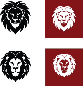 Set of Lion Head Silhouette Logos &ndash; Bold Animal Emblem Collection in Black and Red Variations