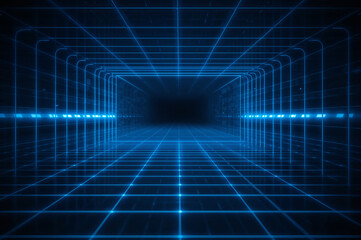 Glowing blue digital grid tunnel receding into darkness with perspective lines abstract background