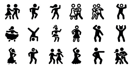 Dance and movement silhouette icons set – solid, lively, energetic dance symbols