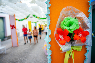 Paper flower in the decorated streets and visitors at the paper flower festival organized by the town of Redondo-&Eacute;vora-Portugal