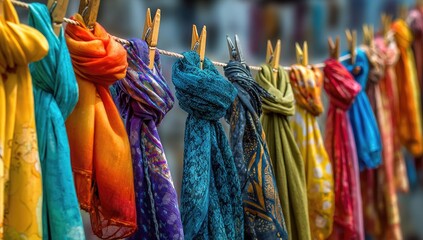 Fototapeta premium Colorful scarves hanging on a clothesline