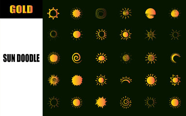 Doodle different sun icons. funny kid style. gold hand drawn.