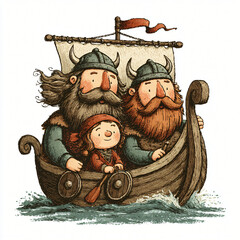 Whimsical Cartoon Viking Ship Illustration: An Artistic Depiction of a Cheerful Family Adventure in Vibrant Children's Literature.