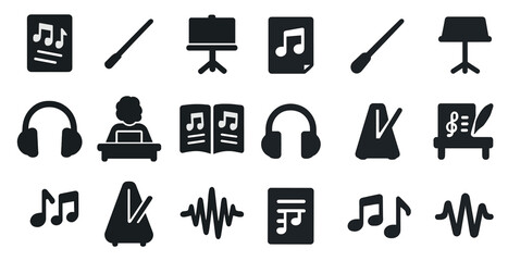 Music and audio solid icons set – filled, black silhouette sound symbols