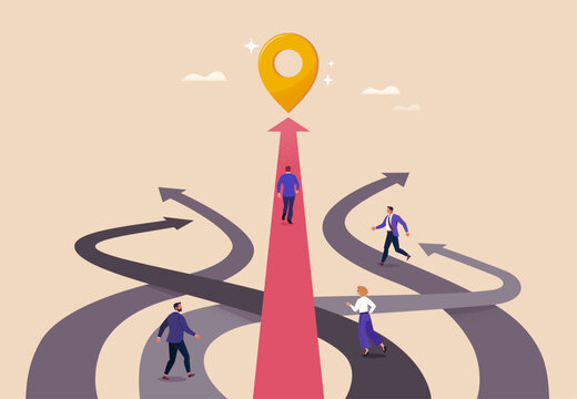 Right Business Way Concept. Vector cartoon illustration of many roads leading in different directions, along which people go—one path leading to a goal with a final golden mark.