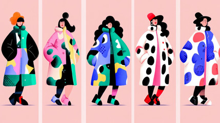 Vibrant digital art illustration featuring diverse group of five stylish women in various oversized, boldly patterned coats, showcasing modern fashion and individuality on pink backdrop