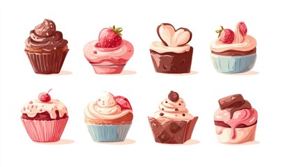 Nine colorful cupcakes in various styles