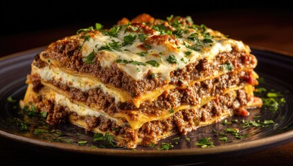 Layered meat lasagna on dark plate