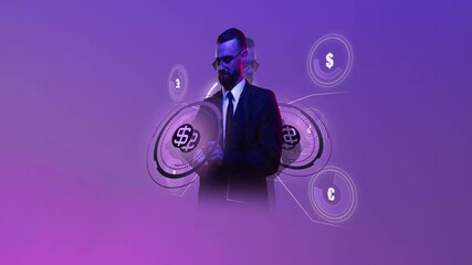 Man in suit checking optimal value on smartwatch with glowing dollar icon in neon lightning. Concept of smart banking, personal finance tech, fintech value interfaces, mobile dashboards. Video banner - Powered by Adobe