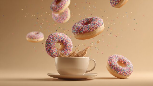 Donuts and coffee splash in mid-air (1)