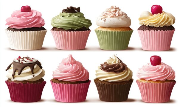 Nine colorful cupcakes, various flavors and frosting