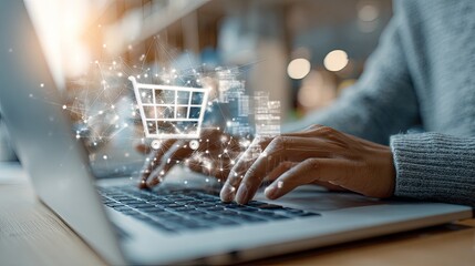 Online shopping concept, person using laptop,  digital cart overlay, office background
