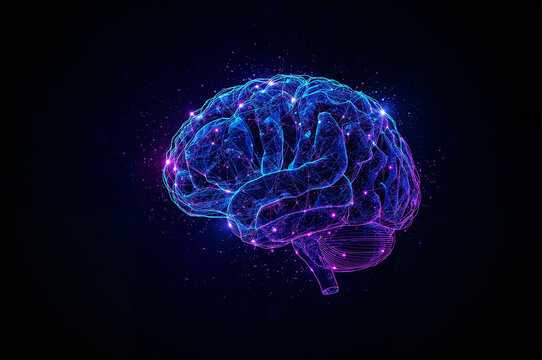 Glowing blue and purple digital brain with interconnected nodes and particles technology science
