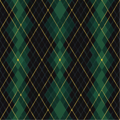 Argyle vector pattern. Dark green with thin slim golden dotted line. Seamless vivid geometric background for fabric, textile, men clothing, wrapping paper.