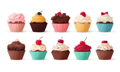 Colorful cupcakes in various flavors and toppings
