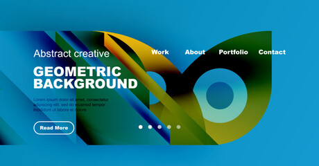 Bright website header displays geometric shapes, text, navigation options. Modern design promotes creative portfolio presentation.