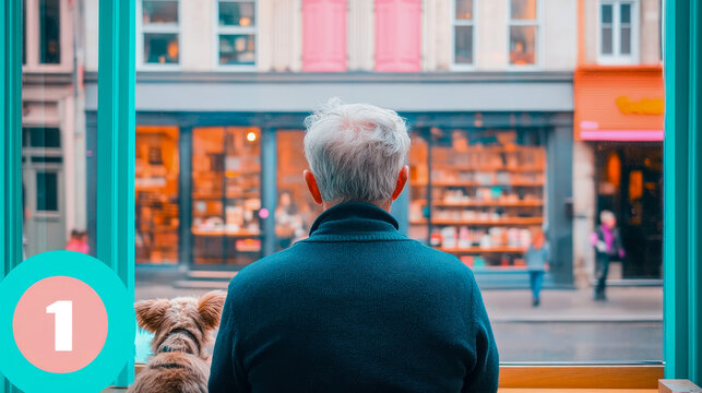 Man with his loyal dog companion looking out from vibrant teal-framed window onto bustling urban street with shops and passersby