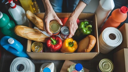 Hands holding canned food over grocery box showing charity packing