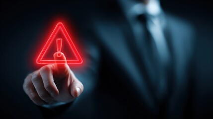 A close-up depicts a person in a suit, fingertip touching a glowing red triangular warning sign with an exclamation mark.  The background is dark, creating a dramatic effect