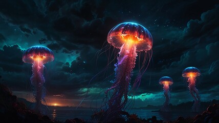 Naklejka premium Glowing Jellyfish Creature in Dark Sky Fantasy Digital Art V4