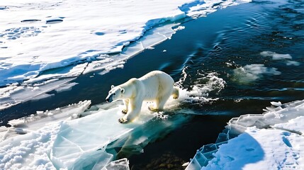 Polar bear crossing frozen river aerial drone view natural sunlight detailed ice textures realistic shadows