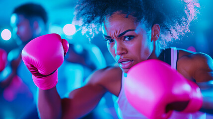 Powerful Black woman boxer with intense focus and vibrant pink gloves trains fiercely in dynamic, neon-lit gym setting