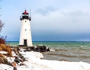Obraz premium Winter lighthouse on a snowy shore