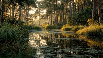 Sunlit forest waterway reflecting tall trees