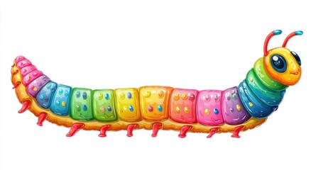 Colorful caterpillar, rainbow segments, sugary coating, cartoon style