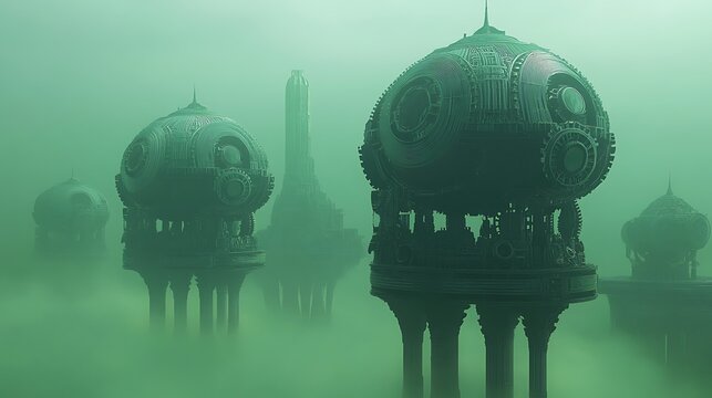 Recursive gear domes balancing on anti-gravity supports futuristic machine temples in greenish fog