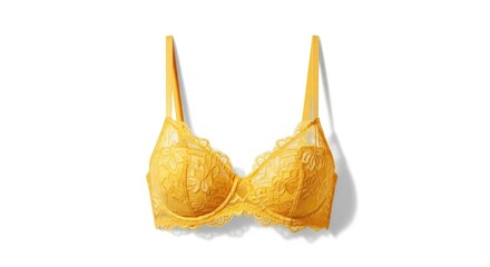 Close up view of a stunning yellow lace bra showcasing delicate design and vibrant color against a clean background