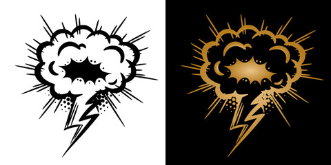 Isolated vector image of a thunderstorm symbol, itwo design options on transparent and black backgrounds