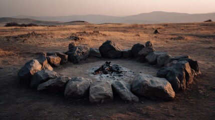 Circle of rocks containing charred ashes, fire completely extinguished, no glow or smoke, photographed in a camping setting at dawn