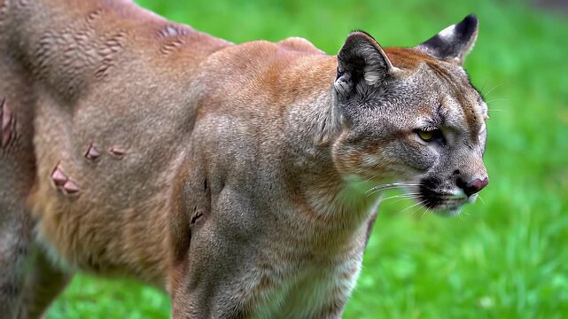 Majestic North American Cougar, also known as Puma or Mountain Lion, standing alert in a vibrant green natural habitat, showcasing its powerful bui...