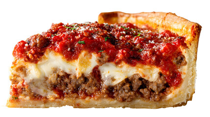 A slice of Chicago deep-dish pizza showcasing its hearty layers of sausage, melted mozzarella, and chunky tomato sauce. Perfect for a detailed menu photo.